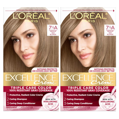 L'Oreal Paris Excellence Crème Permanent Hair Dye, Triple Care Hair Color with Hyaluronic Acid for 100% Gray Coverage, 4 Dark Brown, 1 Kit (Packaging May Vary)