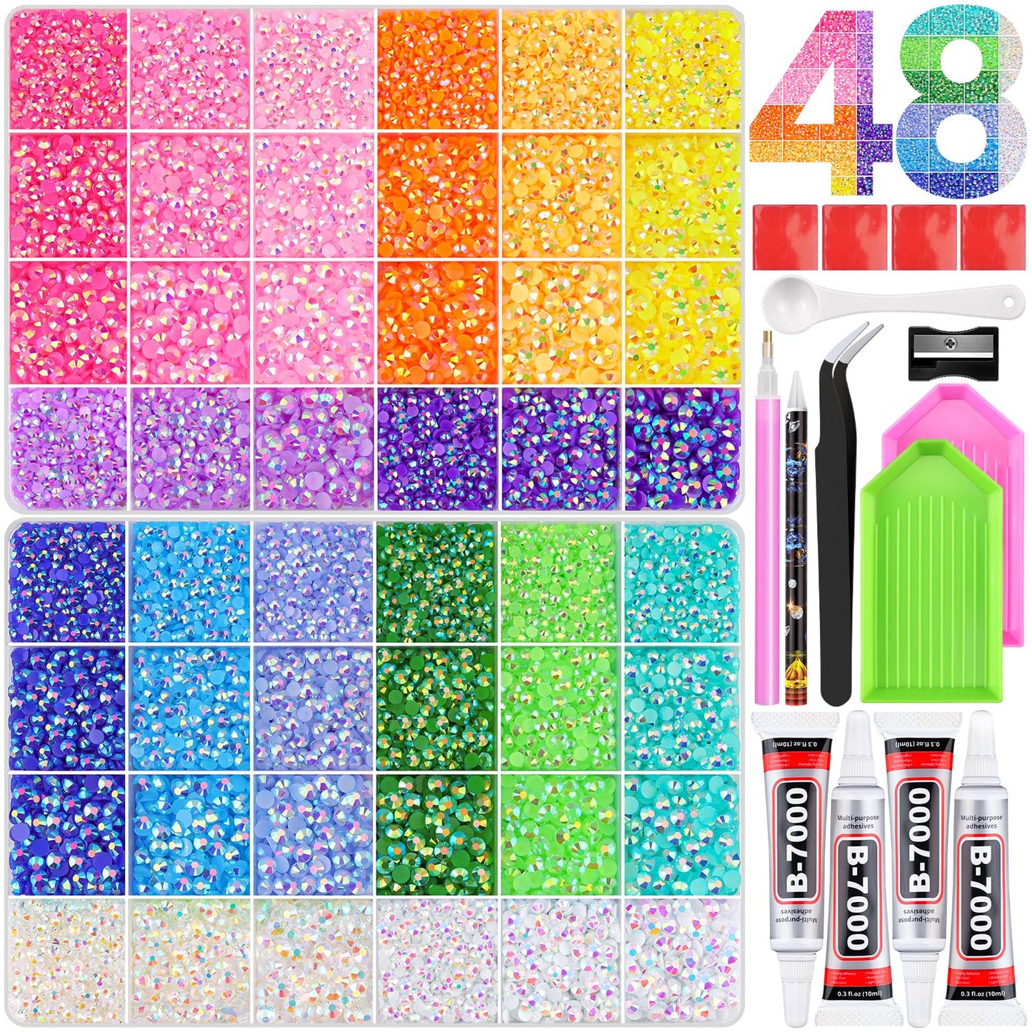 Rainbow Flatback Rhinestones for Crafting and 3PCS B7000 Glue (Set 1), 2 Boxes of 4500 PCS Resin Rhinestones Gems Charms for Bedazzling DIY Crafts Tumblers Shoes Fabric Clothing Nail Art