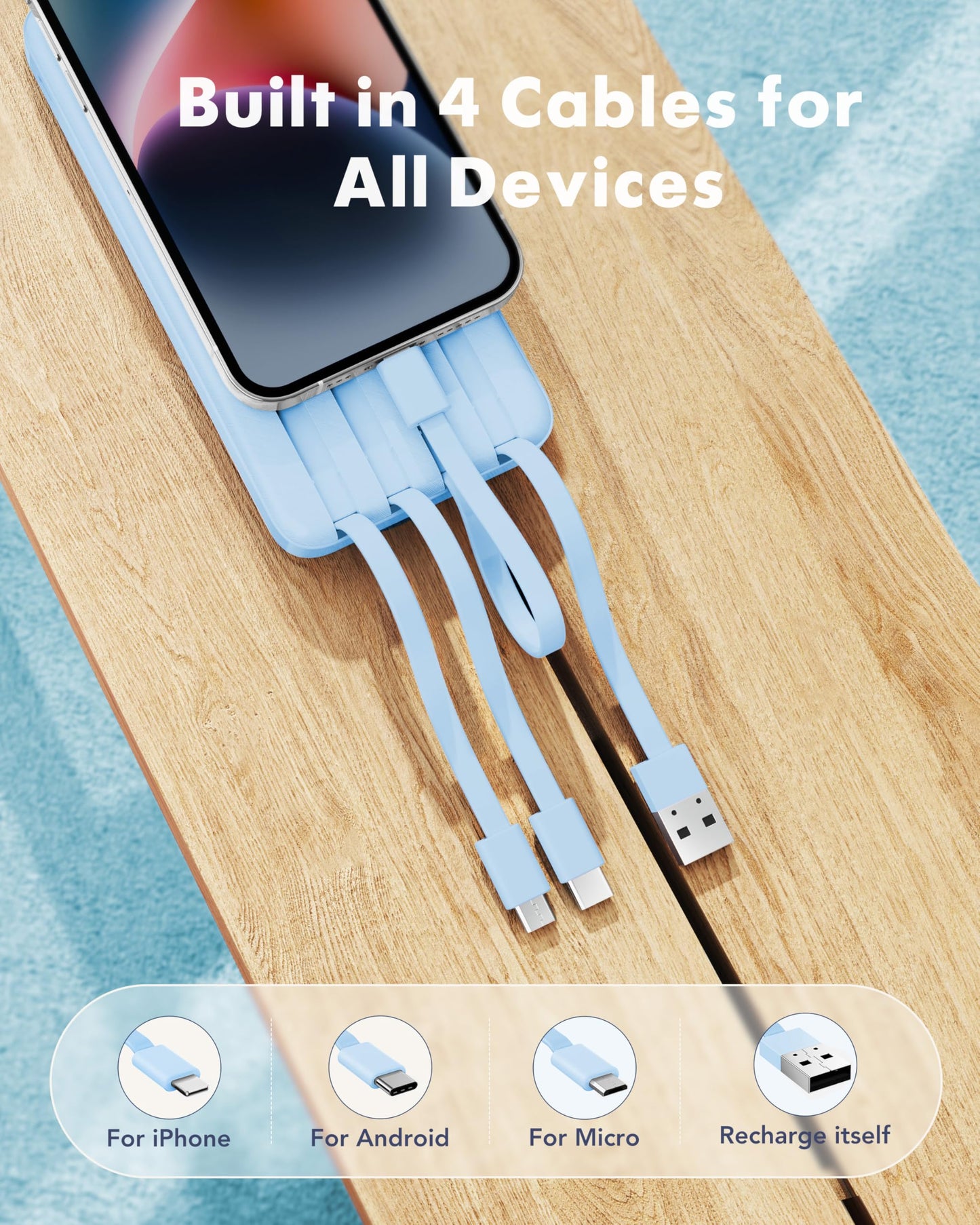 charmast Power Bank Portable Charger with Reinforced Built-in 4 Cables