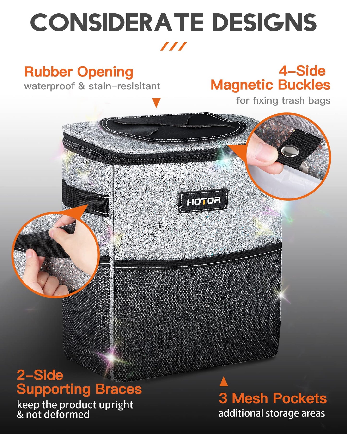 HOTOR Car Trash Can, Leakproof Car Organizer, 2-Gallon, Black