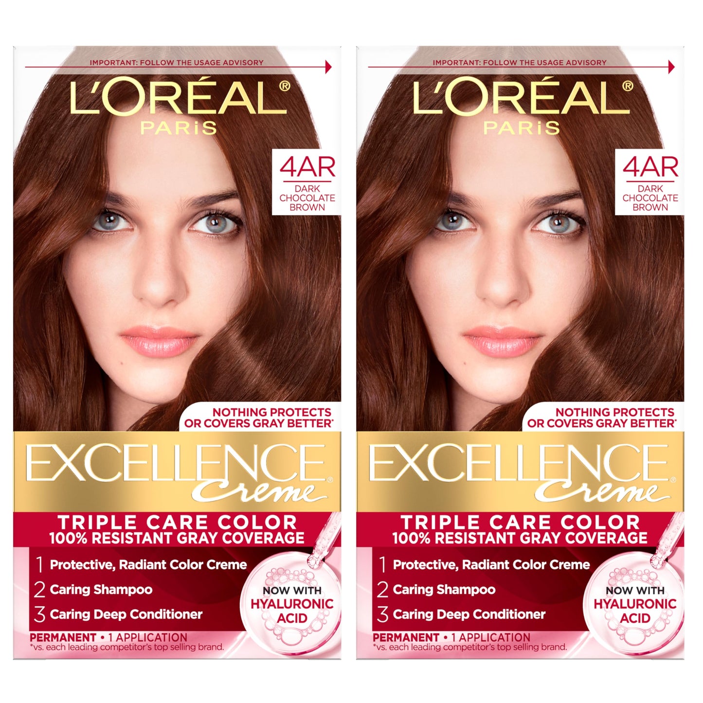 L'Oreal Paris Excellence Crème Permanent Hair Dye, Triple Care Hair Color with Hyaluronic Acid for 100% Gray Coverage, 4 Dark Brown, 1 Kit (Packaging May Vary)