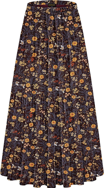 NASHALYLY Women's Chiffon Elastic High Waist Pleated A-Line Maxi Skirts