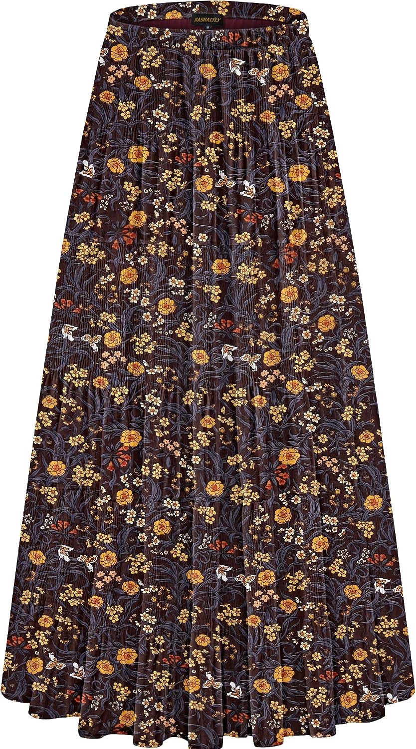 NASHALYLY Women's Chiffon Elastic High Waist Pleated A-Line Maxi Skirts