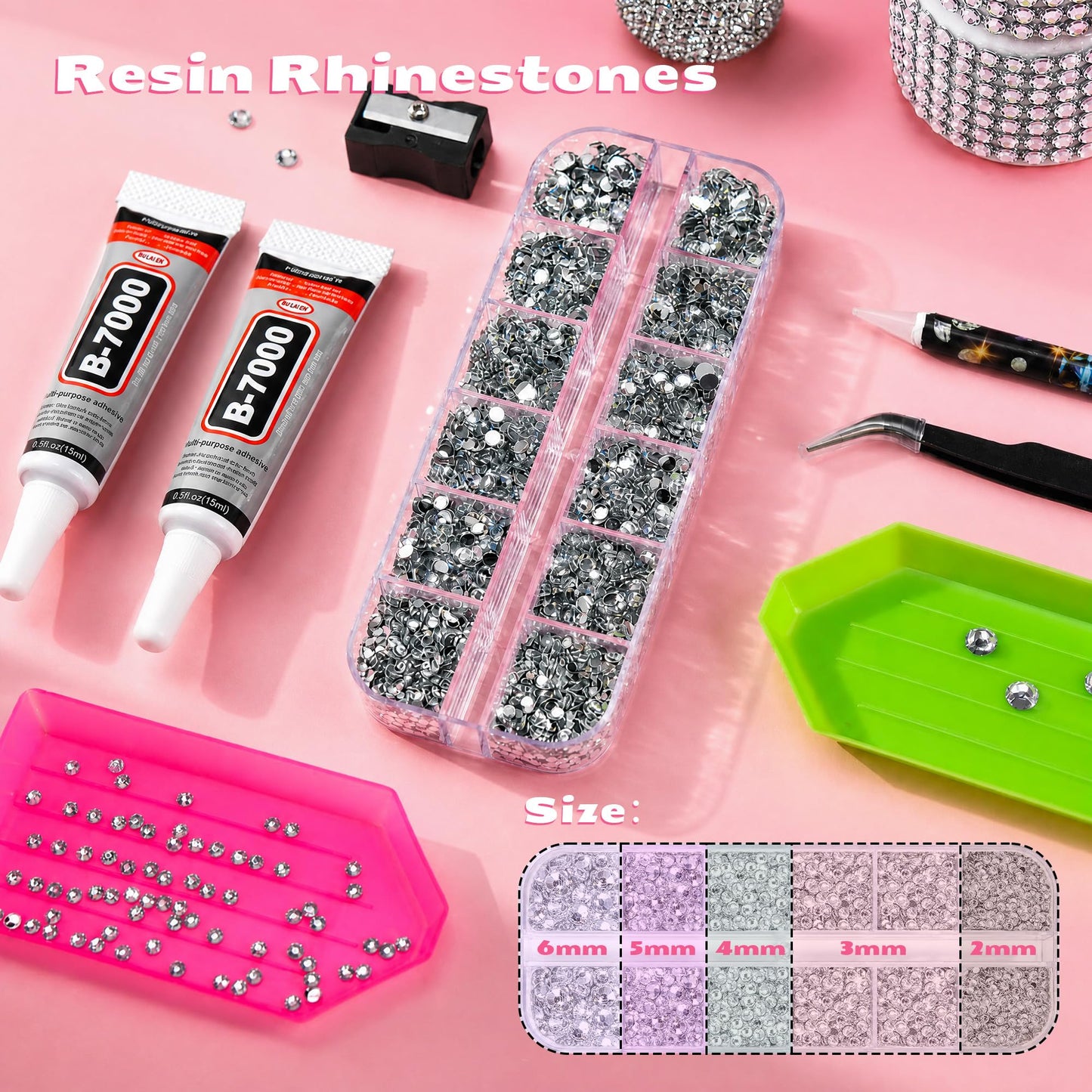 35000 Pcs Resin Jelly Rhinestones Kit, Multicolor 3mm Flatback Rhinestones with 4 Pcs B7000 Jewelry Glue & Tools, All-in-One Bedazzling Kit for DIY Arts & Crafts Gifts