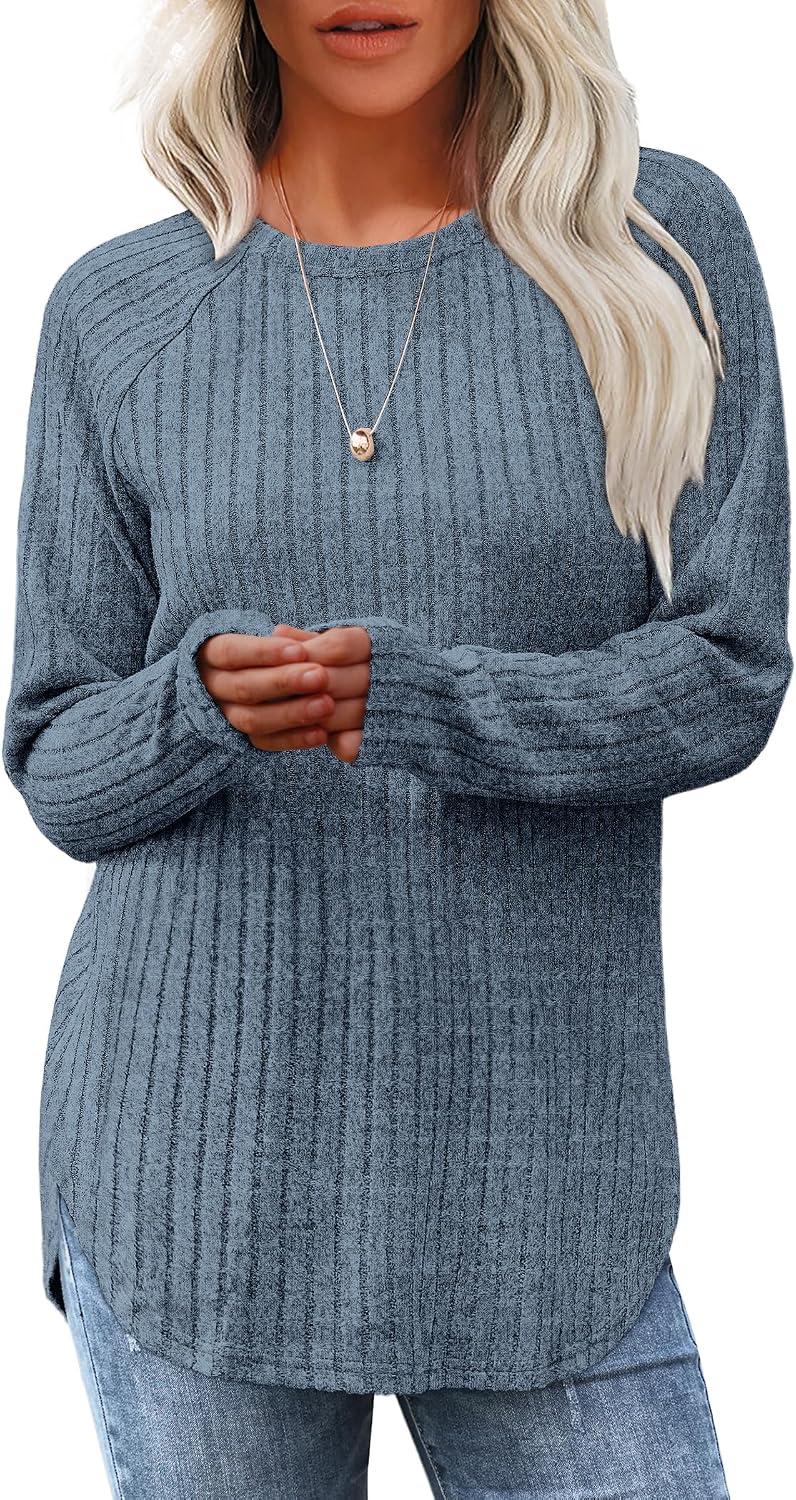 Saloogoe Long Sleeve Shirts for Women 2026 Fall Clothes Tunic Tops Loose Fit Dressy Crewneck Pullover Sweaters Curved Hem