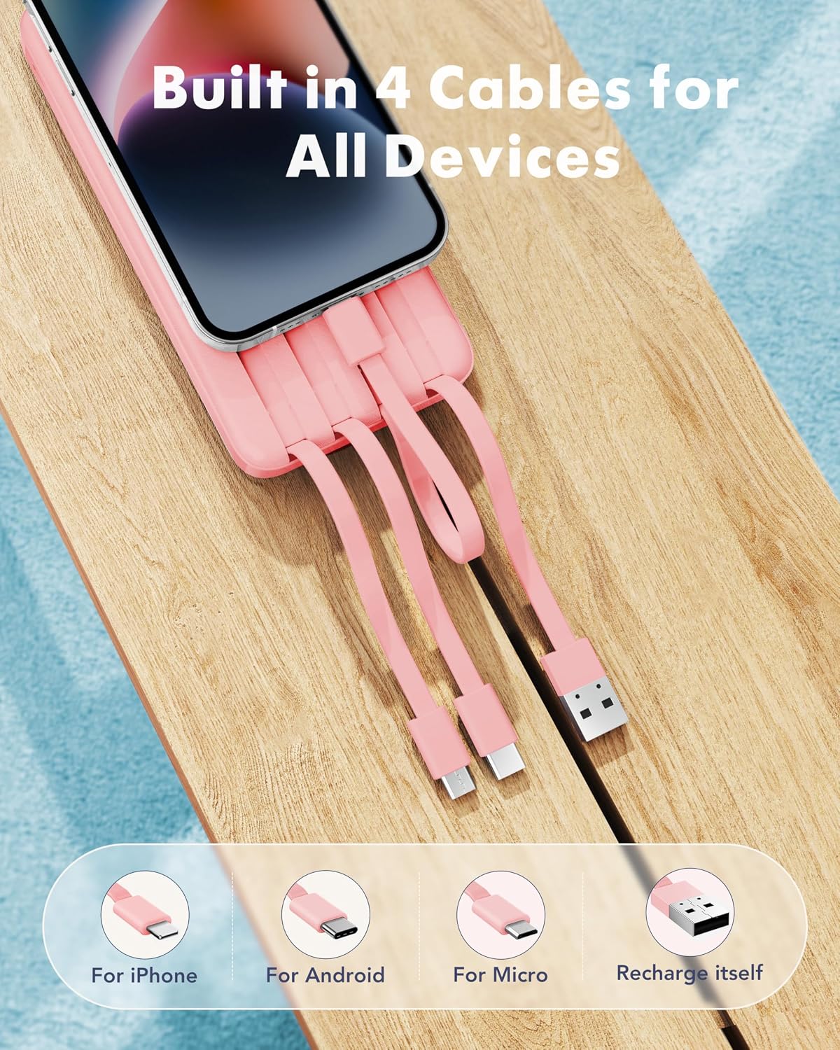 charmast Power Bank Portable Charger with Reinforced Built-in 4 Cables