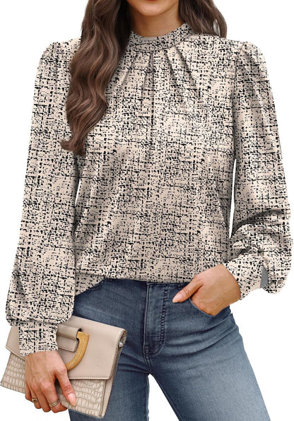 WIHOLL Long Sleeve Shirts for Women Mock Neck Tops Pleated Front Blouses Dressy Casual Spring Fall Clothes 2026 Fashion