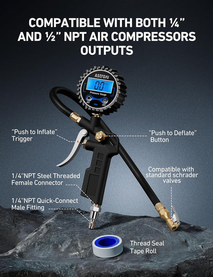 AstroAI Digital Tire Pressure Gauge with Inflator 3-250 PSI Fits 1/4" NPT