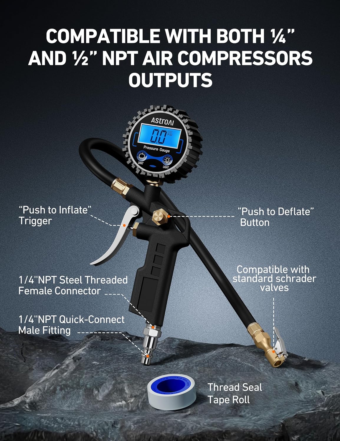 AstroAI Digital Tire Pressure Gauge with Inflator 3-250 PSI Fits 1/4" NPT