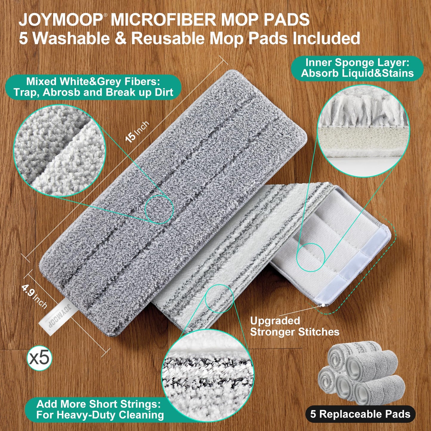 JOYMOOP Wall Mop and Bucket Set, Hands-Free Flat Floor Mop with 3 Washable Microfiber Pads, Wet and Dry Use, Ideal for Home and Commercial Floor Cleaning