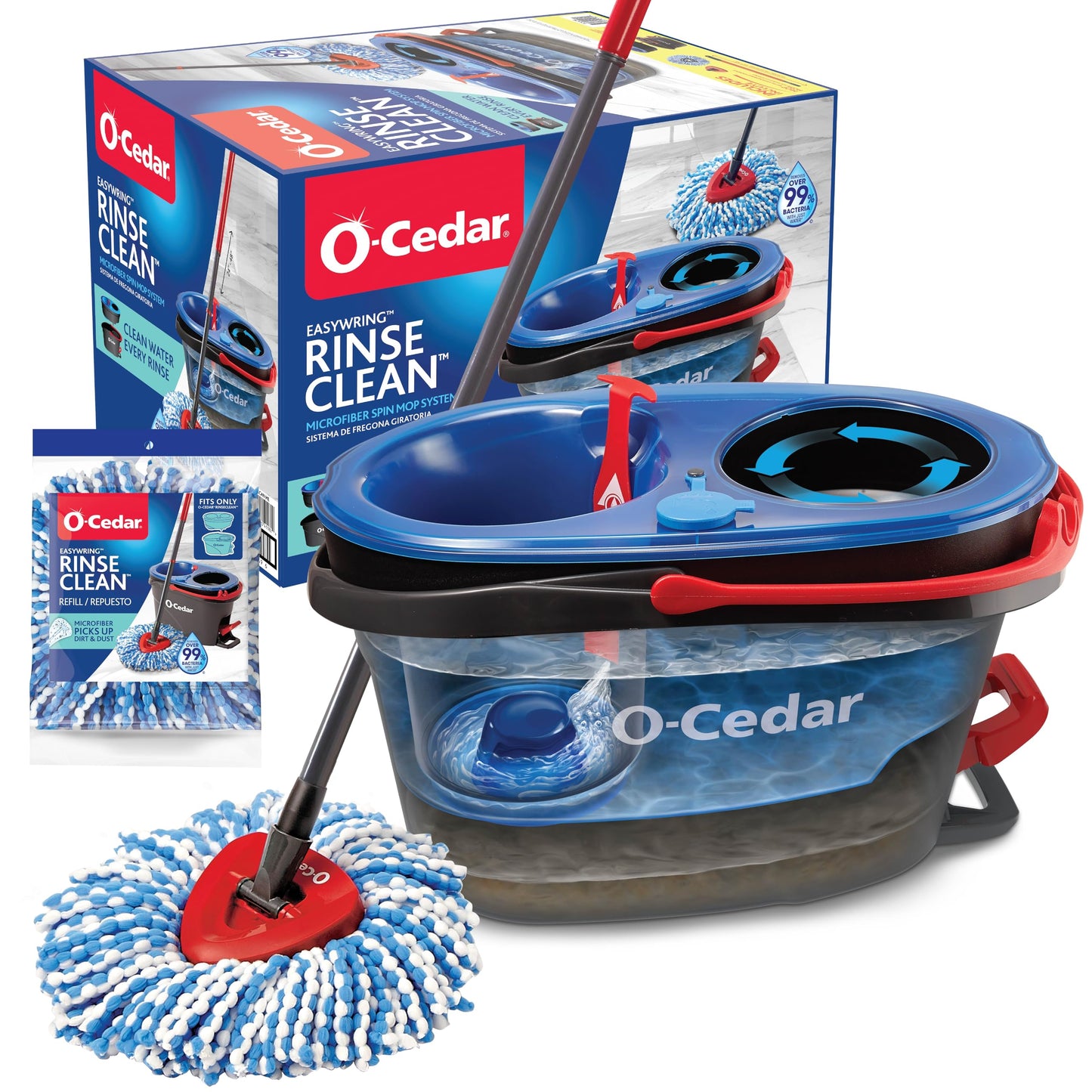 O-Cedar RinseClean Spin Mop & Bucket System + 2 Extra Mop Heads| Clean with Clean Water | Removes 99% of Bacteria