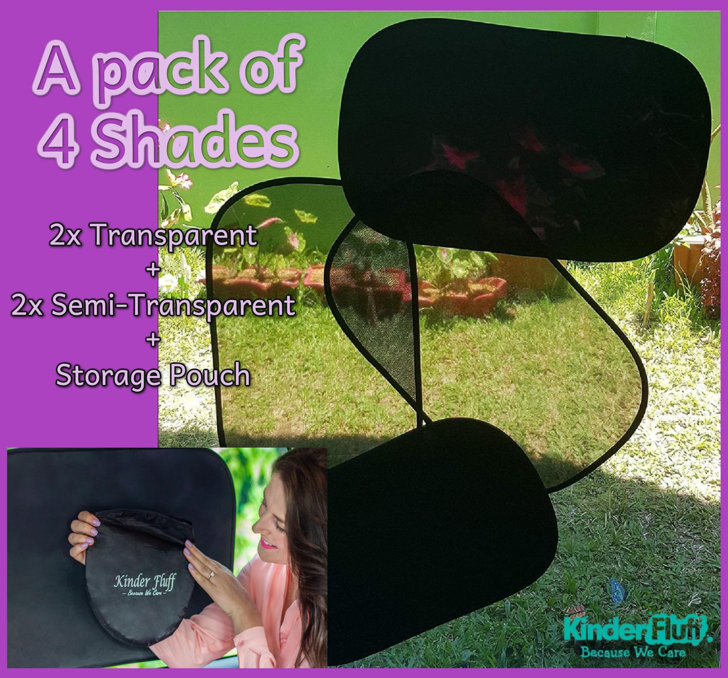 Car Window Shades - Certified 99.79% UVA & 99.95% UVB sun protection. Award winning car sun shade for side windows. 4 Pack (2 Transparency options) 20" x 12" -window shade for car baby by Kinder Fluff