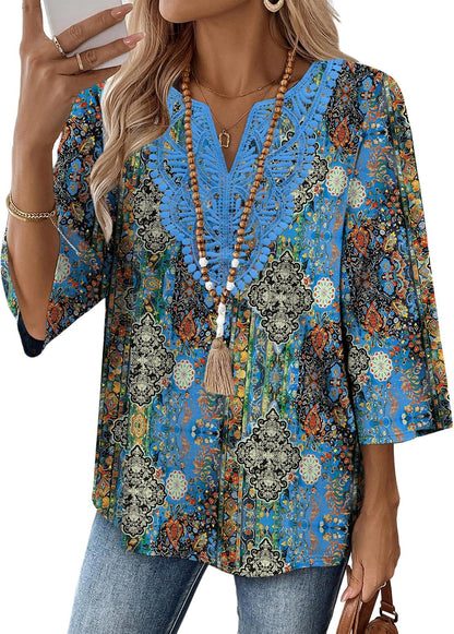 WIHOLL 3/4 Length Sleeve Womens Tops Boho V Neck Lace Shirt Trendy Blouses Dressy Casual Vacation Clothes S-3XL