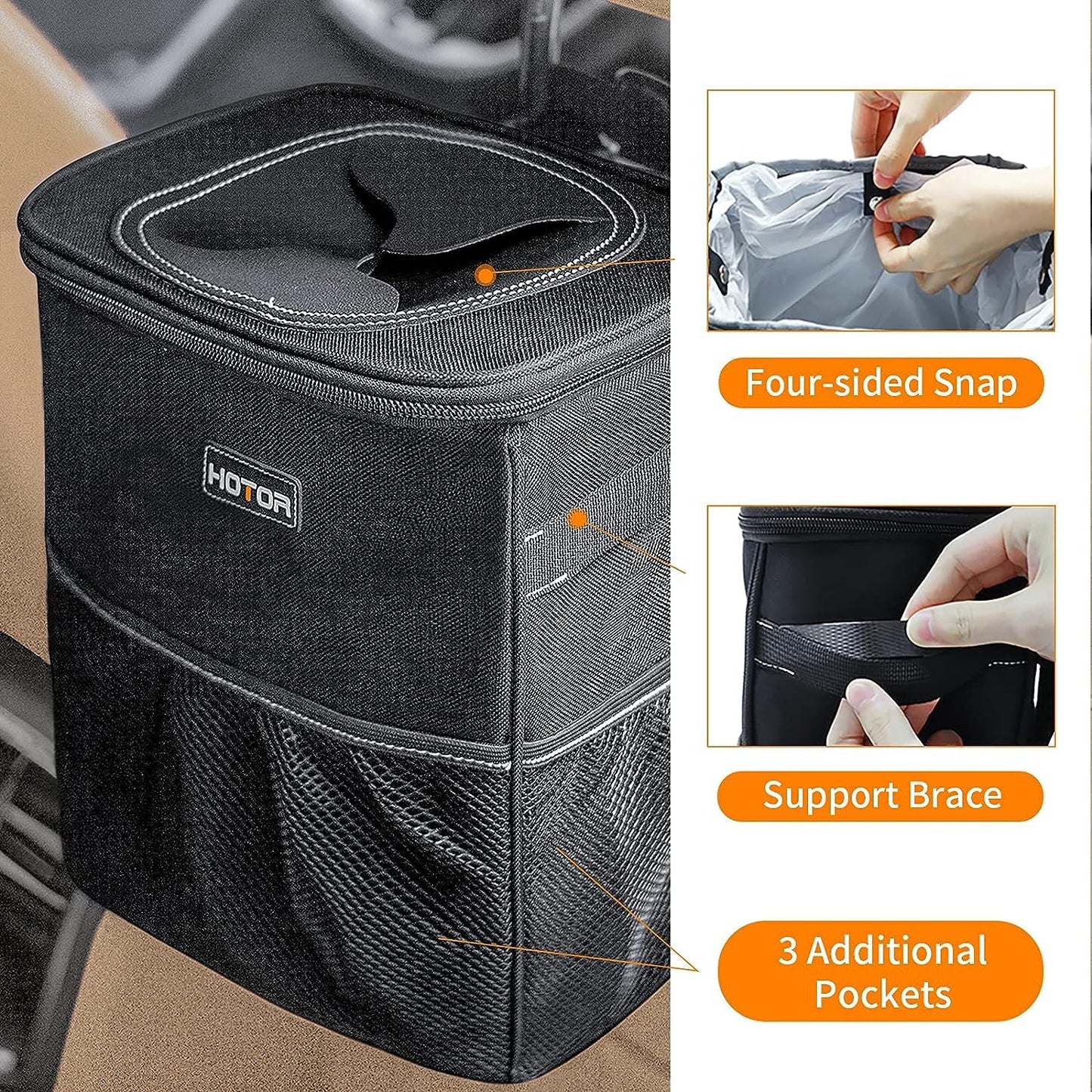 HOTOR Car Trash Can, Leakproof Car Organizer, 2-Gallon, Black