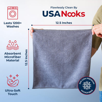 USANOOKS Microfiber Cleaning Cloth Grey - 12 Pcs (12.5"x12.5") - High Performance - 1200 Washes, Ultra Absorbent Microfiber Towel Weave Grime & Liquid for Streak-Free Mirror Shine - Car Washing Cloth