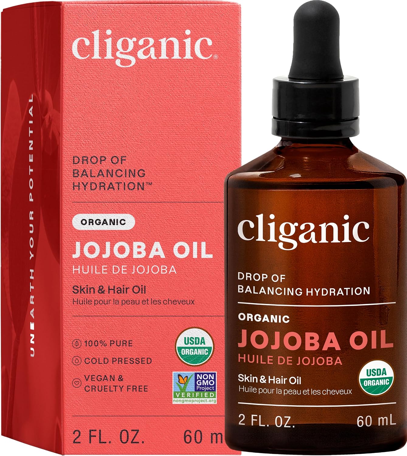Cliganic Organic Jojoba Oil, 100% Pure Cold Pressed for Face & Hair, 4oz
