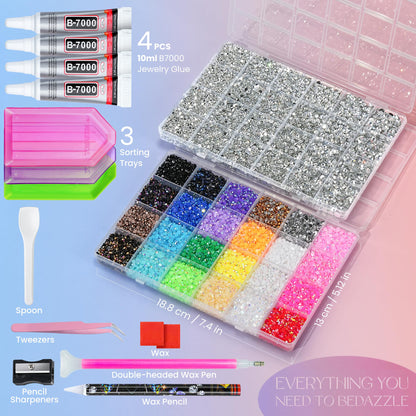 35000 Pcs Resin Jelly Rhinestones Kit, Multicolor 3mm Flatback Rhinestones with 4 Pcs B7000 Jewelry Glue & Tools, All-in-One Bedazzling Kit for DIY Arts & Crafts Gifts