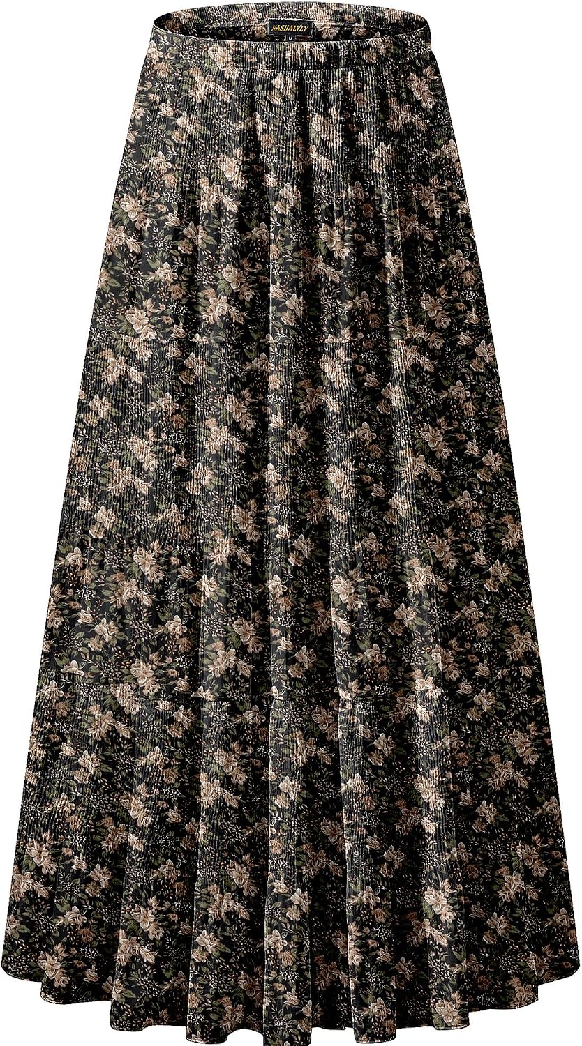 NASHALYLY Women's Chiffon Elastic High Waist Pleated A-Line Maxi Skirts