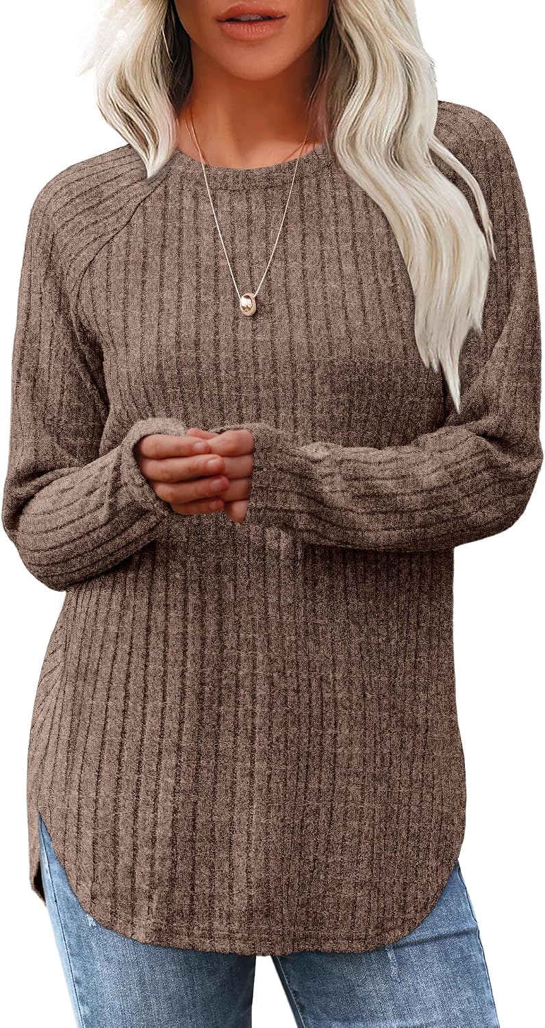 Saloogoe Long Sleeve Shirts for Women 2026 Fall Clothes Tunic Tops Loose Fit Dressy Crewneck Pullover Sweaters Curved Hem