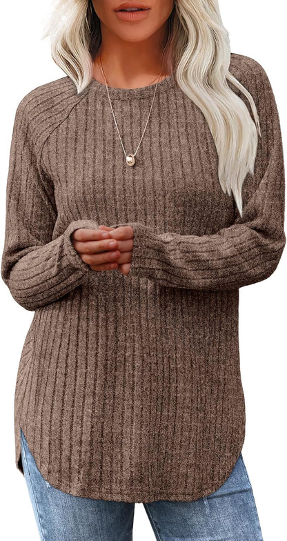 Saloogoe Long Sleeve Shirts for Women 2026 Fall Clothes Tunic Tops Loose Fit Dressy Crewneck Pullover Sweaters Curved Hem