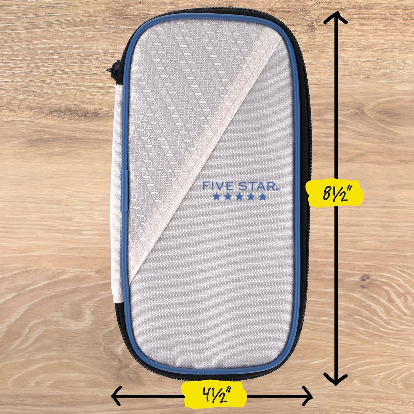 Five Star Pencil Pouch, Pen Case, High-Capacity Zipper Pouch, Storage Organizer for School Supplies Earbuds Chargers Cables Makeup, Blue/Denim (500212F-ECM)