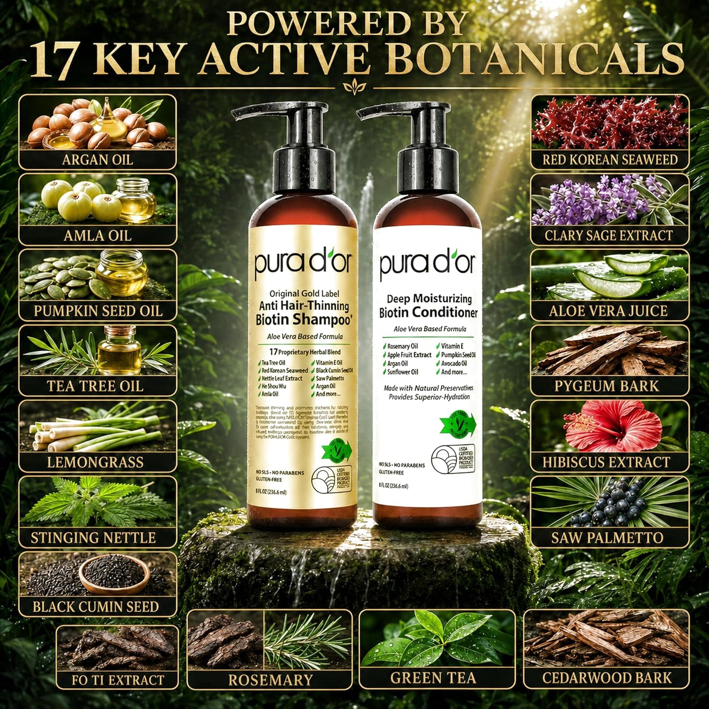 PURA D'OR Deep Moisturizing Biotin Hair Regrwoth Conditioner Thickens, Softens, & Moisturizes Dry, Frizzy, Damaged Hair w/Argan Oil, Pumpkin, Rosemary, Honeysuckle, Vitamin E, Men & Women, 16oz