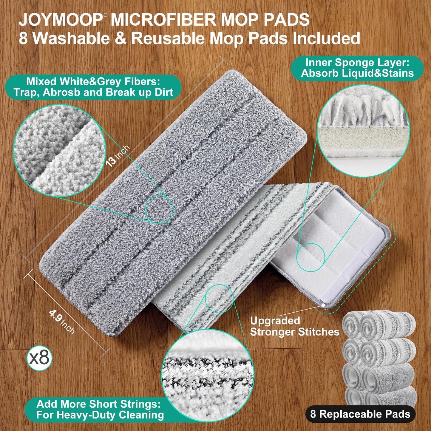 JOYMOOP Wall Mop and Bucket Set, Hands-Free Flat Floor Mop with 3 Washable Microfiber Pads, Wet and Dry Use, Ideal for Home and Commercial Floor Cleaning