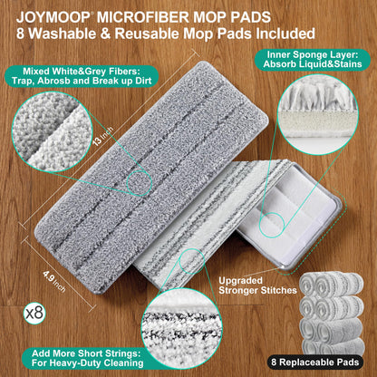 JOYMOOP Wall Mop and Bucket Set, Hands-Free Flat Floor Mop with 3 Washable Microfiber Pads, Wet and Dry Use, Ideal for Home and Commercial Floor Cleaning
