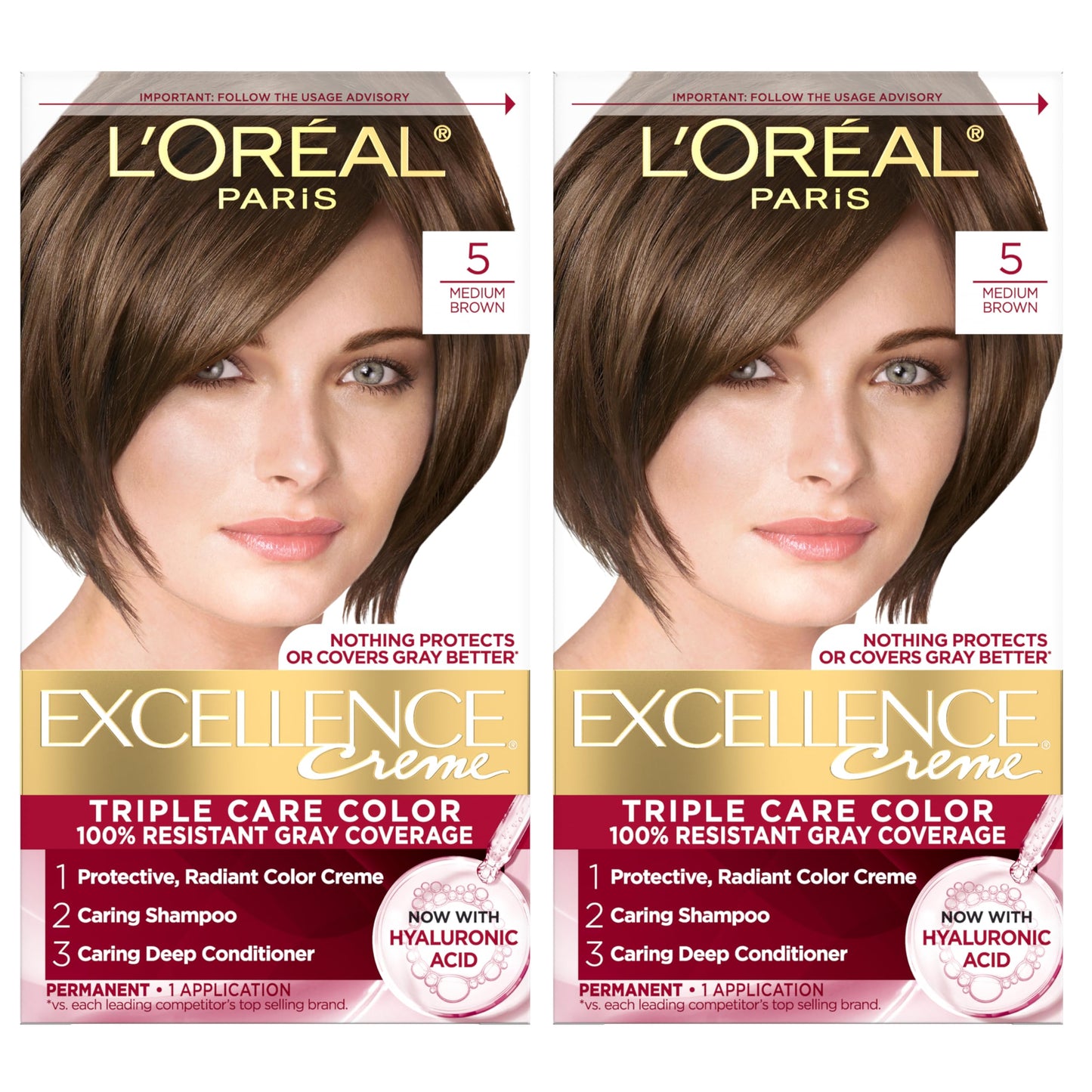 L'Oreal Paris Excellence Crème Permanent Hair Dye, Triple Care Hair Color with Hyaluronic Acid for 100% Gray Coverage, 4 Dark Brown, 1 Kit (Packaging May Vary)