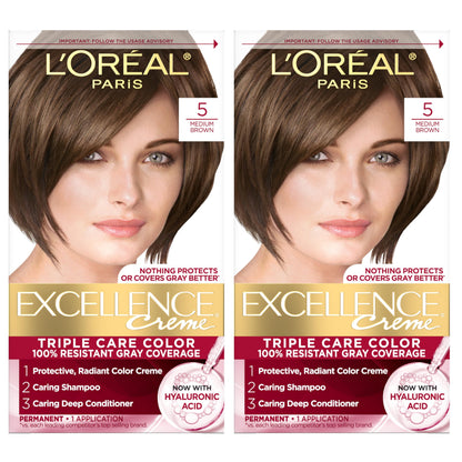 L'Oreal Paris Excellence Crème Permanent Hair Dye, Triple Care Hair Color with Hyaluronic Acid for 100% Gray Coverage, 4 Dark Brown, 1 Kit (Packaging May Vary)