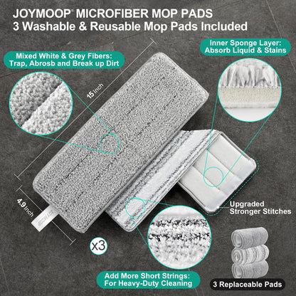 JOYMOOP Wall Mop and Bucket Set, Hands-Free Flat Floor Mop with 3 Washable Microfiber Pads, Wet and Dry Use, Ideal for Home and Commercial Floor Cleaning