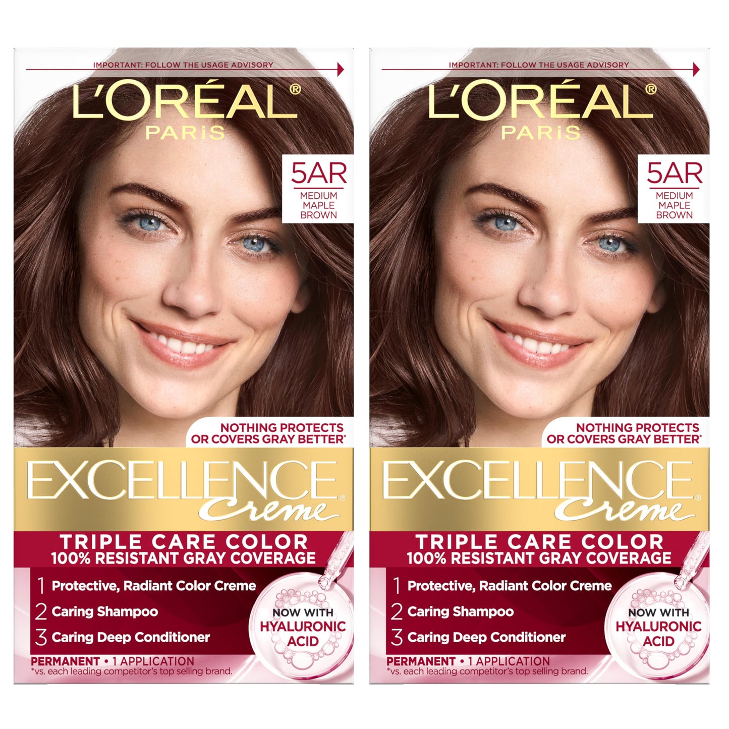 L'Oreal Paris Excellence Crème Permanent Hair Dye, Triple Care Hair Color with Hyaluronic Acid for 100% Gray Coverage, 4 Dark Brown, 1 Kit (Packaging May Vary)