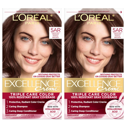 L'Oreal Paris Excellence Crème Permanent Hair Dye, Triple Care Hair Color with Hyaluronic Acid for 100% Gray Coverage, 4 Dark Brown, 1 Kit (Packaging May Vary)