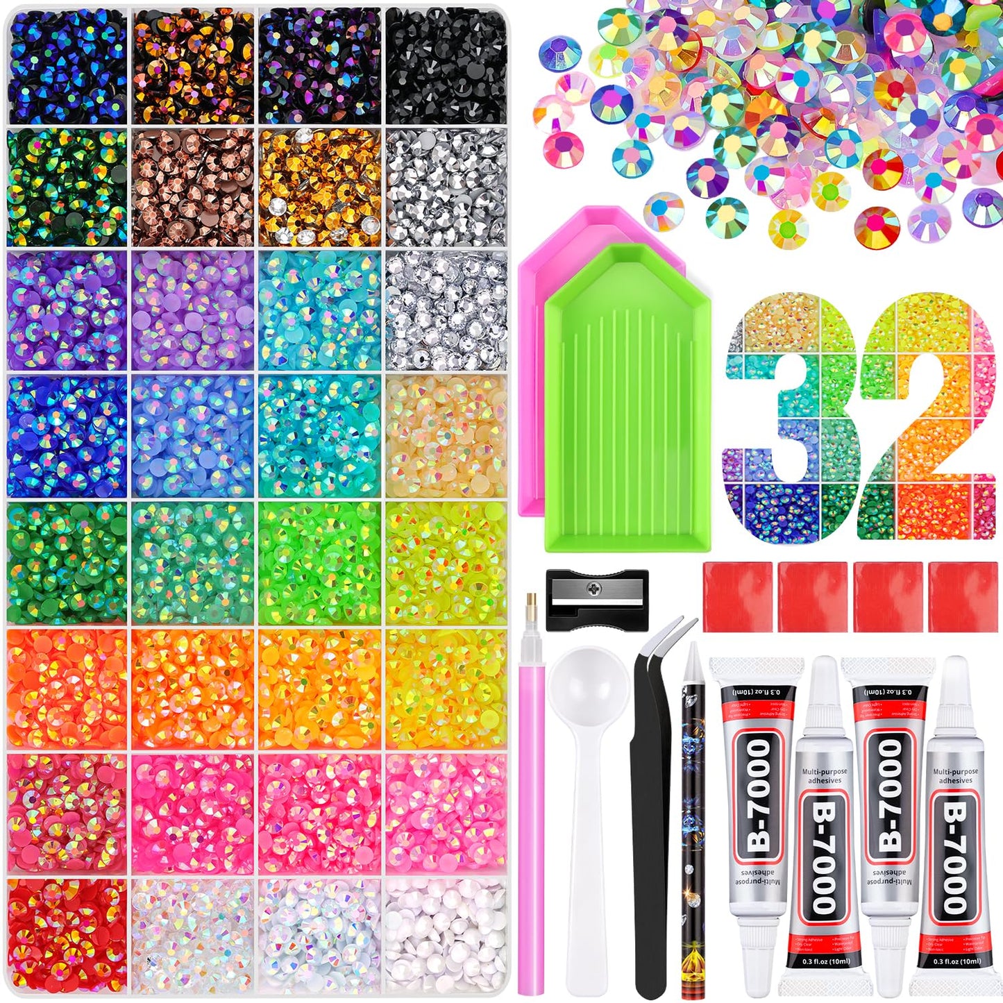 Rainbow Flatback Rhinestones for Crafting and 3PCS B7000 Glue (Set 1), 2 Boxes of 4500 PCS Resin Rhinestones Gems Charms for Bedazzling DIY Crafts Tumblers Shoes Fabric Clothing Nail Art