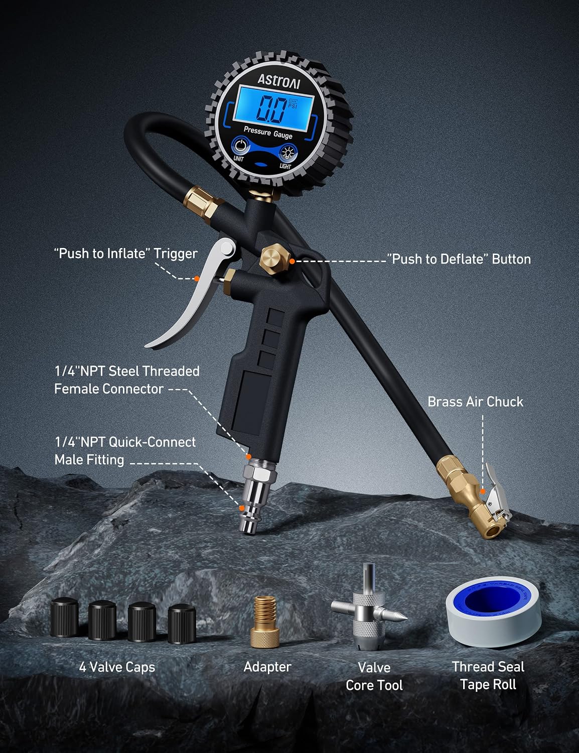 AstroAI Digital Tire Pressure Gauge with Inflator 3-250 PSI Fits 1/4" NPT
