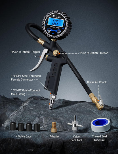AstroAI Digital Tire Pressure Gauge with Inflator 3-250 PSI Fits 1/4" NPT