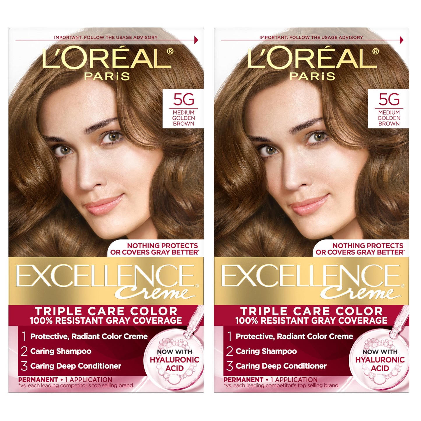 L'Oreal Paris Excellence Crème Permanent Hair Dye, Triple Care Hair Color with Hyaluronic Acid for 100% Gray Coverage, 4 Dark Brown, 1 Kit (Packaging May Vary)