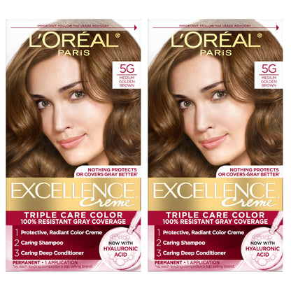 L'Oreal Paris Excellence Crème Permanent Hair Dye, Triple Care Hair Color with Hyaluronic Acid for 100% Gray Coverage, 4 Dark Brown, 1 Kit (Packaging May Vary)
