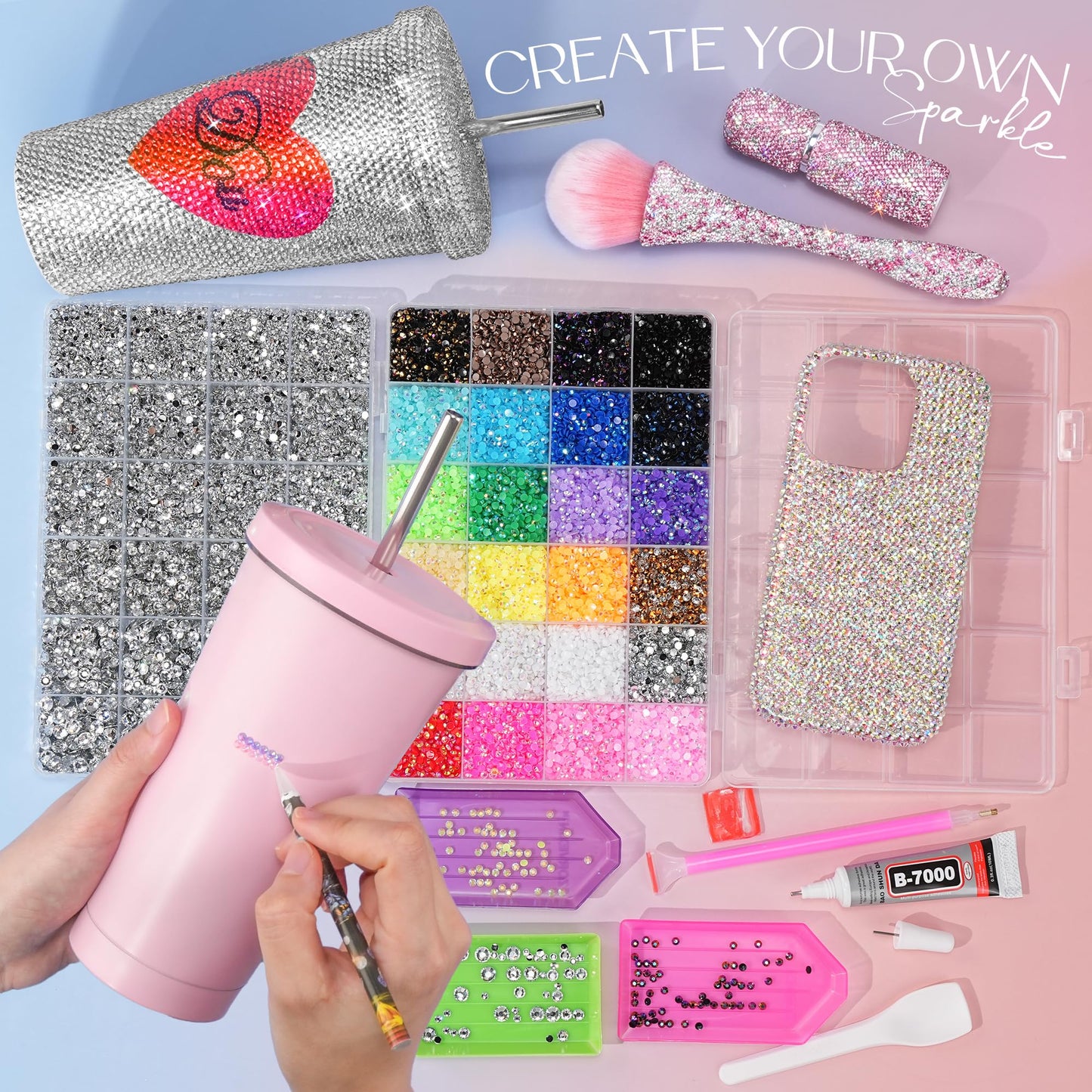 35000 Pcs Resin Jelly Rhinestones Kit, Multicolor 3mm Flatback Rhinestones with 4 Pcs B7000 Jewelry Glue & Tools, All-in-One Bedazzling Kit for DIY Arts & Crafts Gifts