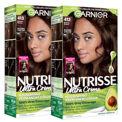 Garnier Nutrisse Ultra Crème Hair Color, Permanent Hair Dye with 100% Gray Coverage, Vegan & Cruelty-Free, 33 Darkest Golden Brown (Caramel Fudge), 1 Count