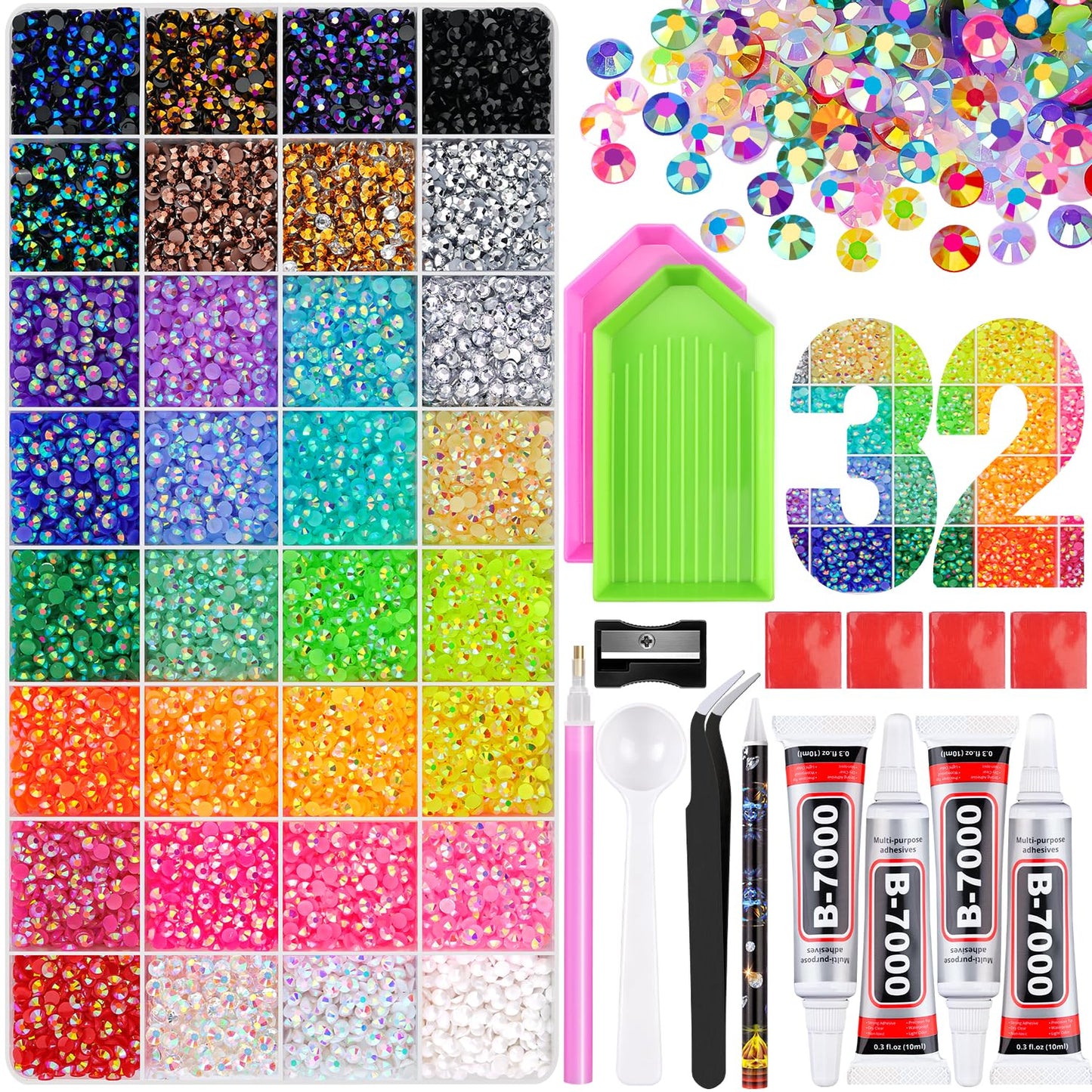 Rainbow Flatback Rhinestones for Crafting and 3PCS B7000 Glue (Set 1), 2 Boxes of 4500 PCS Resin Rhinestones Gems Charms for Bedazzling DIY Crafts Tumblers Shoes Fabric Clothing Nail Art