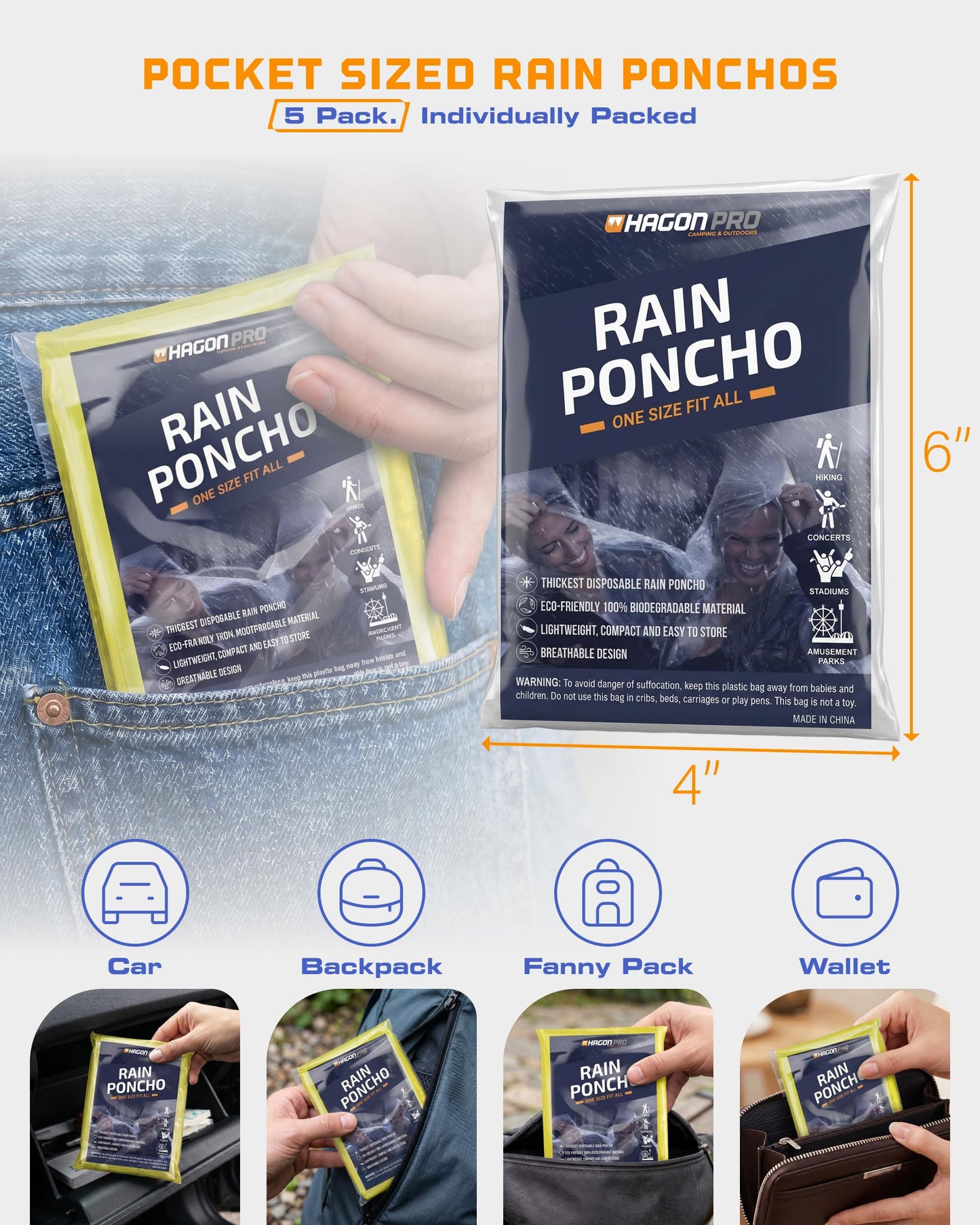 Hagon PRO Disposable Rain Ponchos for Adults (5 Pack)