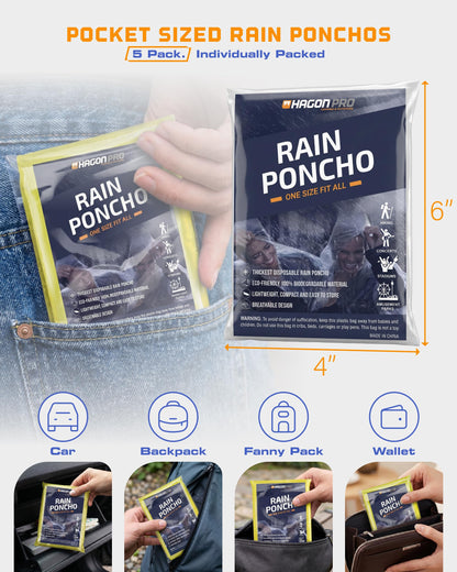 Hagon PRO Disposable Rain Ponchos for Adults (5 Pack)