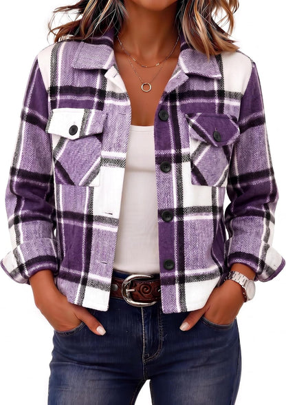 Zeagoo Flannels for Women Cropped Shacket Jacket Fashion Plaid Fall Coat