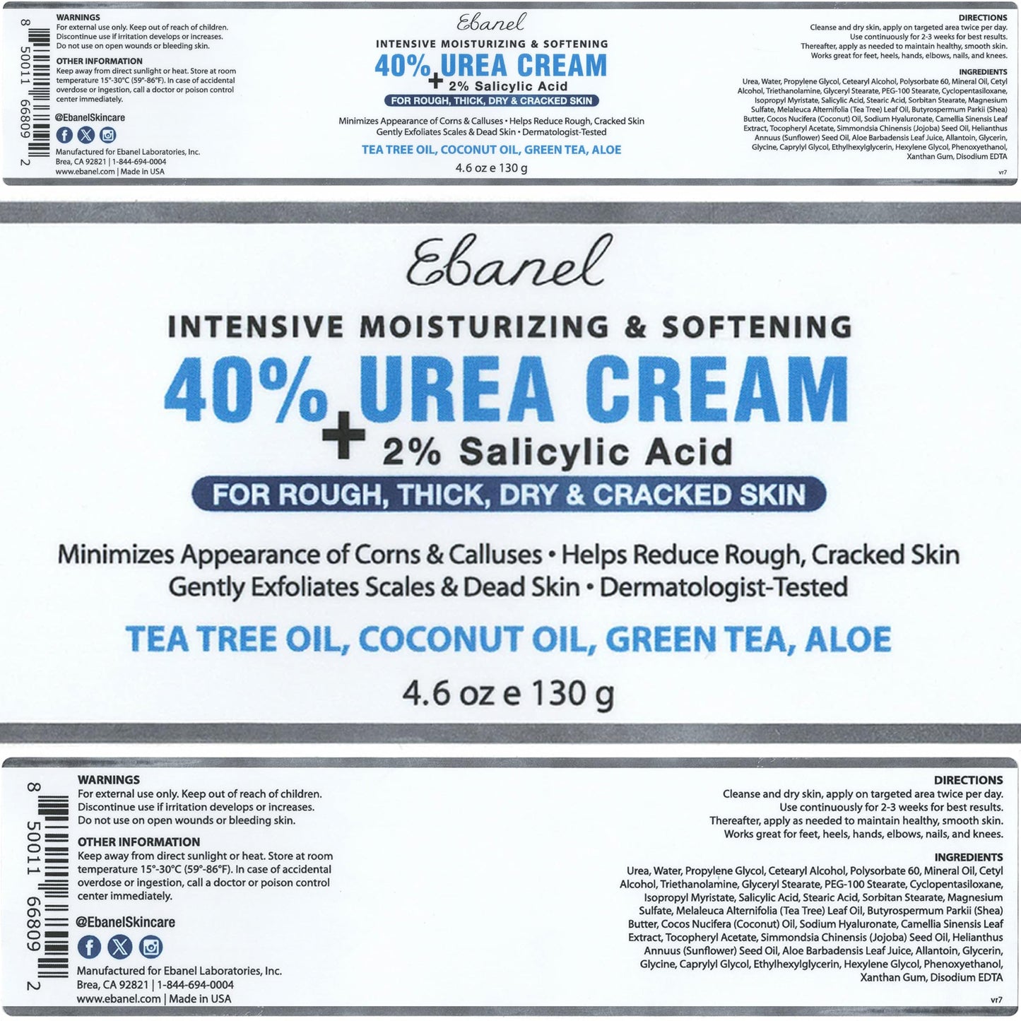 Ebanel Urea Cream 40% plus Salicylic Acid 2% for Dry Cracked Feet Skin, 2PK