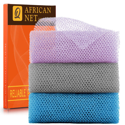 UJFQBH African Net Sponge Authenti, Exfoliating Body Scrubber for Back and Hard to Reach Areas, Gentle Daily Exfoliation for Deep Cleansing, Quick Drying Shower Essential, Aqua Grey 3 Pack