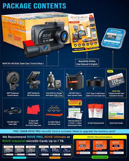 ROVE R2-4K Dual Dash Cam Front and Rear, STARVIS 2 Sensor, Free 128GB Card