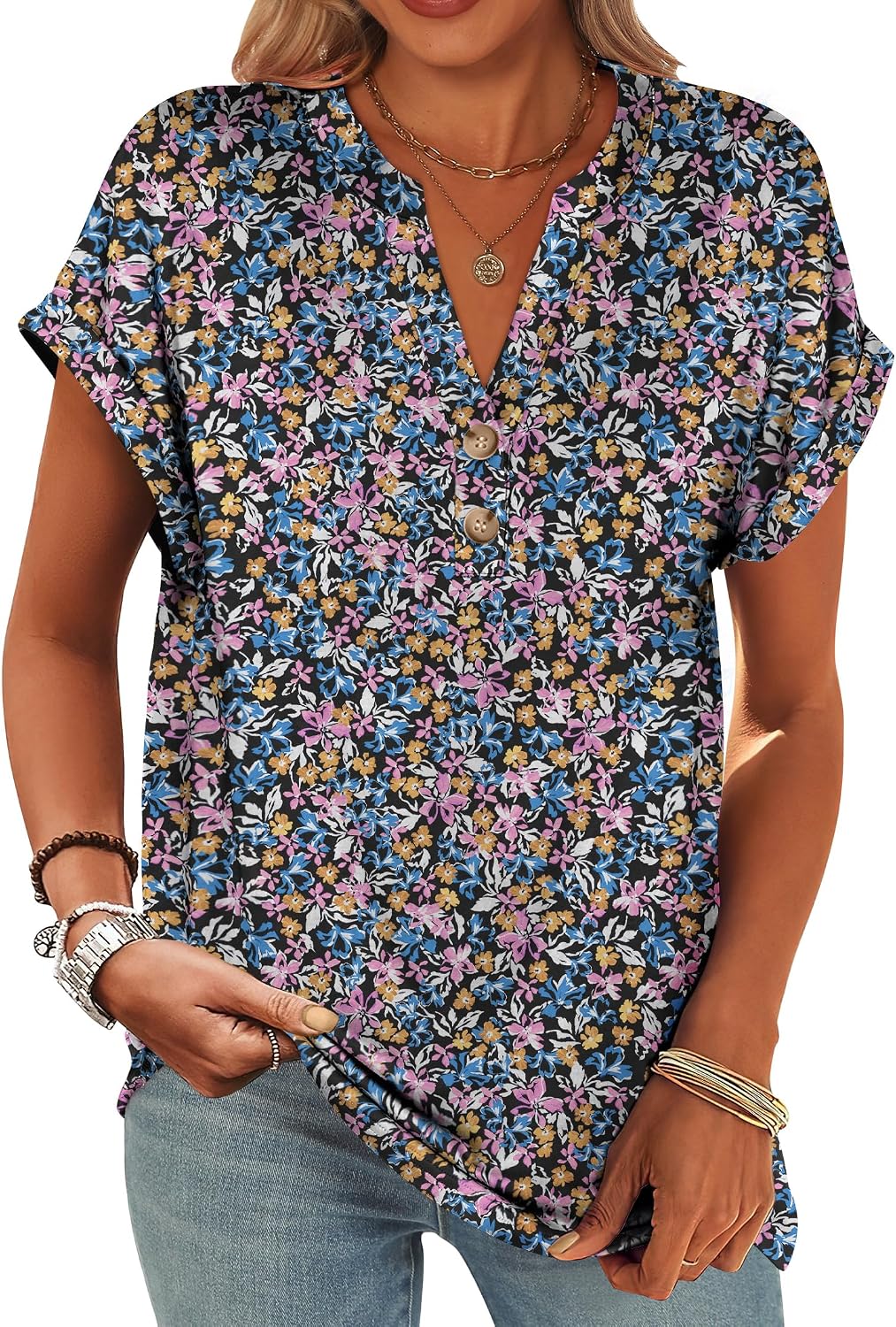ANRABESS Womens Short Sleeve Henley Tops Summer Shirts Dressy Casual Blouse