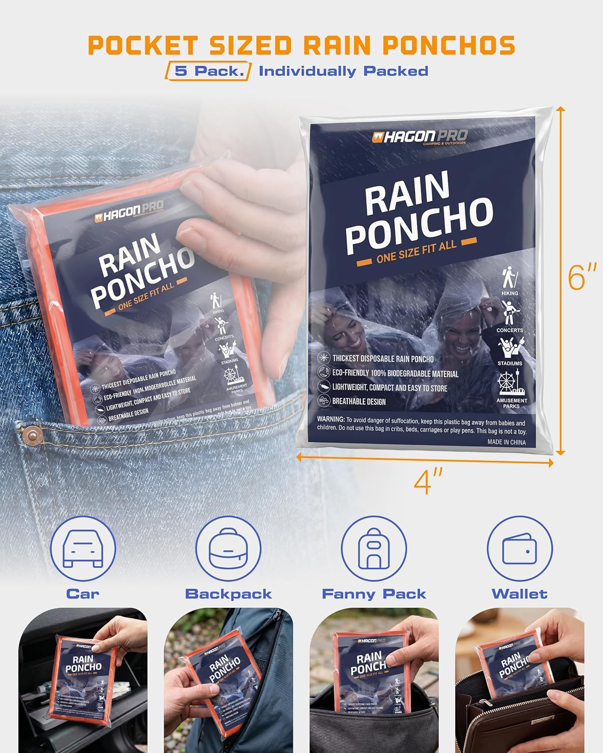 Hagon PRO Disposable Rain Ponchos for Adults (5 Pack)