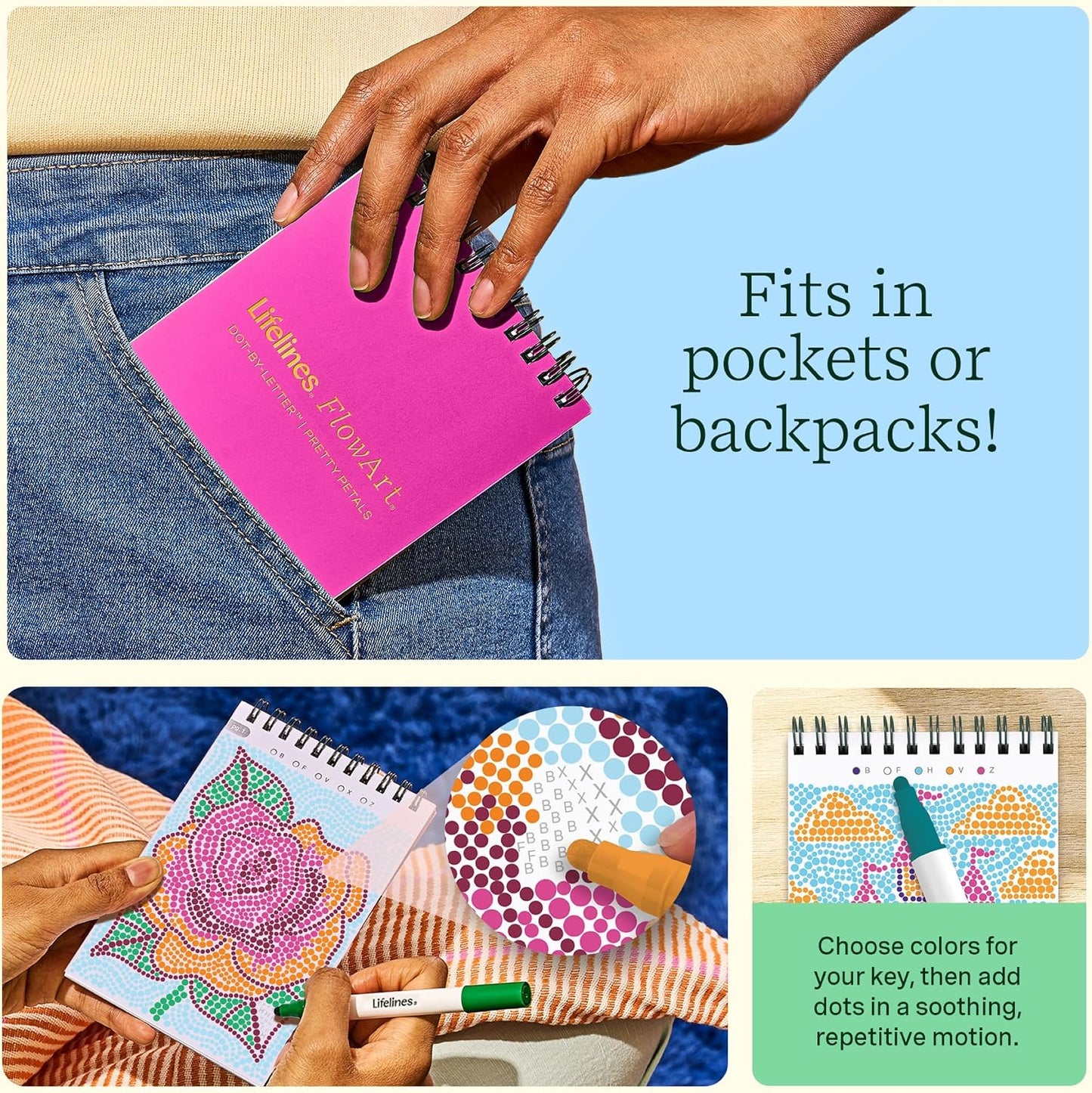 Lifelines FlowArt Mini Activity Pads, 3-Pack, Dot-by-Letter Coloring Books